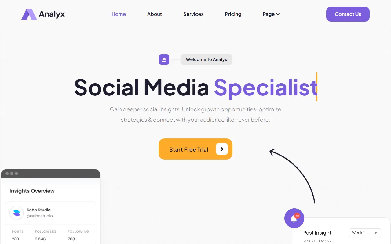 หน้าแรกของธีม Analyx Social Media Analytics บนคอมพิวเตอร์