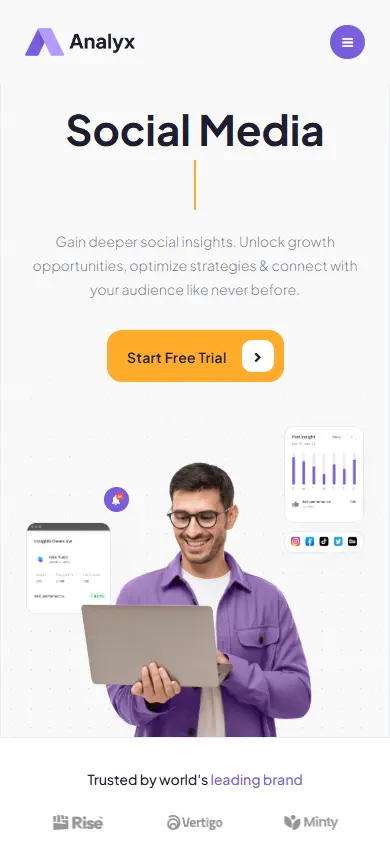 หน้าแรกของธีม Analyx Social Media Analytics บนมือถือ