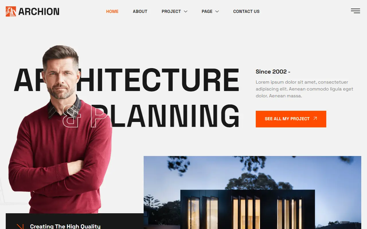 หน้าแรกของธีม Archion Architect บนคอมพิวเตอร์