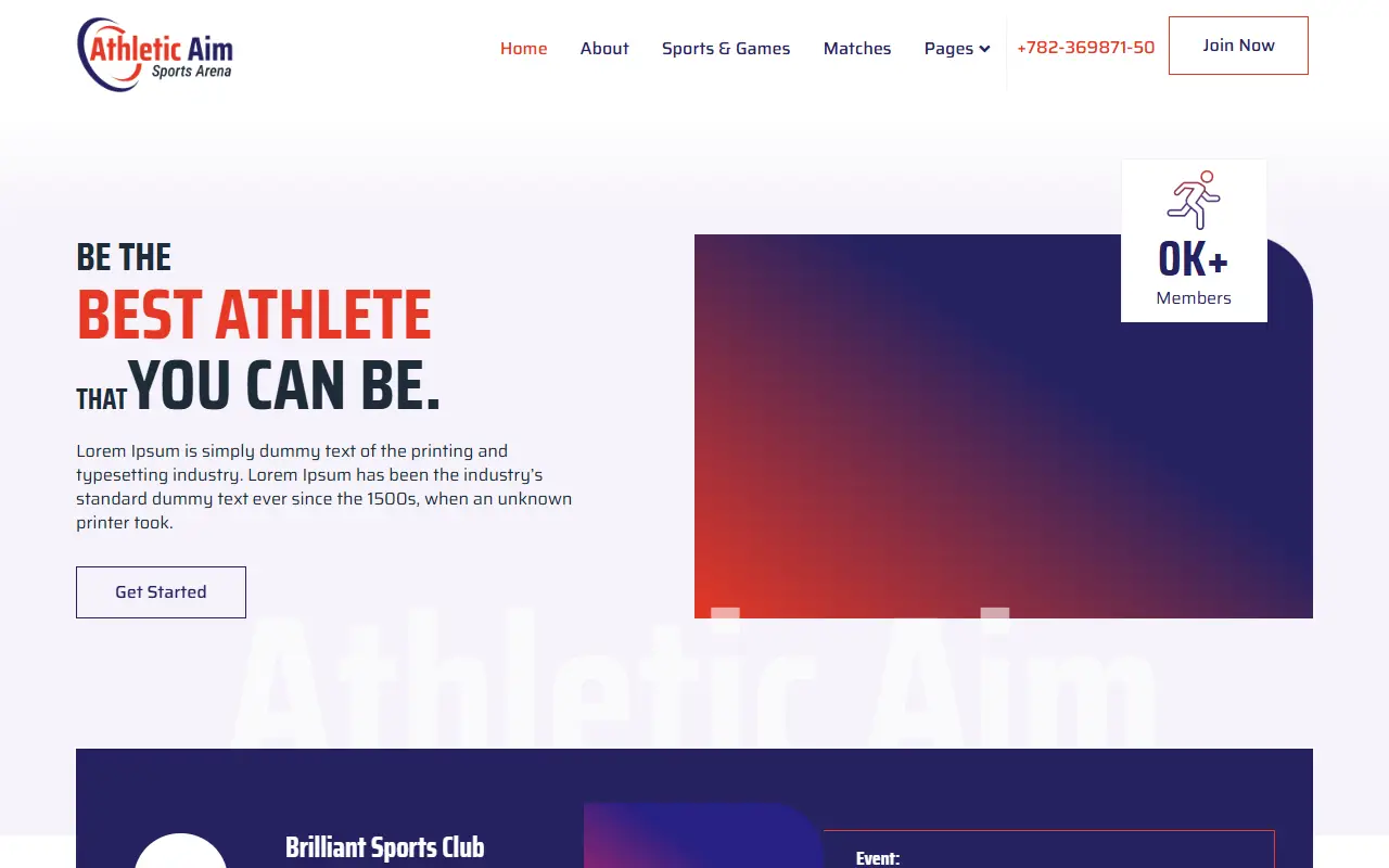 หน้าแรกของธีม Athletic Aim Sports Club บนคอมพิวเตอร์