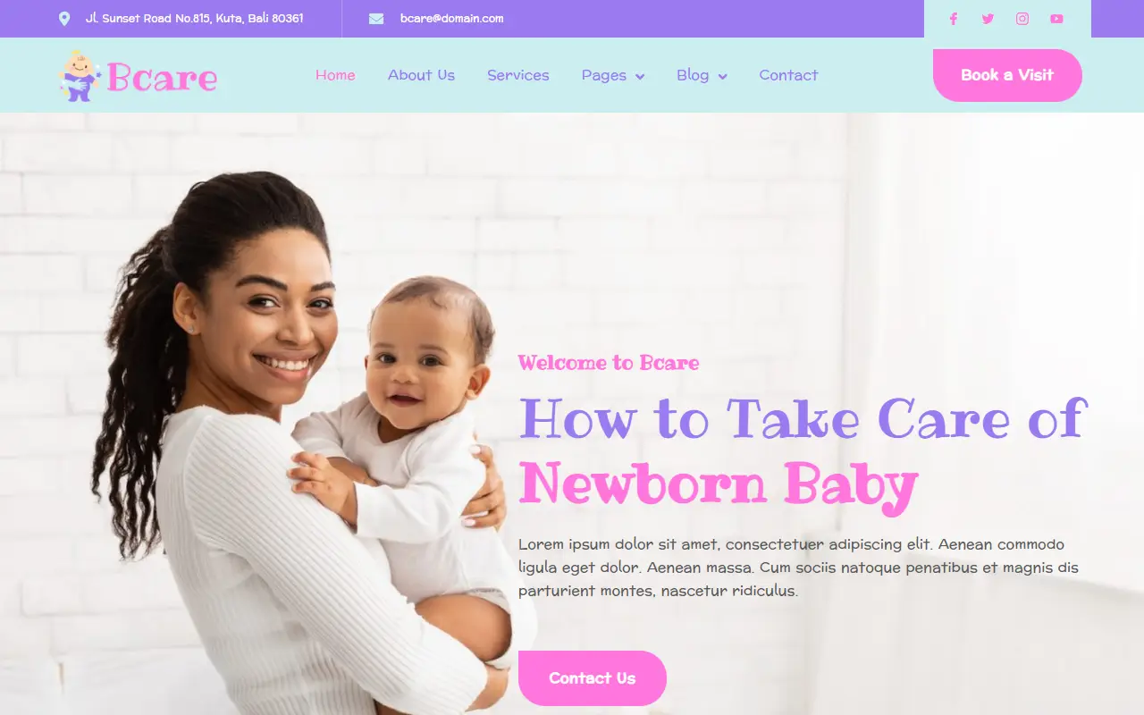 หน้าแรกของธีม Bcare Baby Care Services บนคอมพิวเตอร์