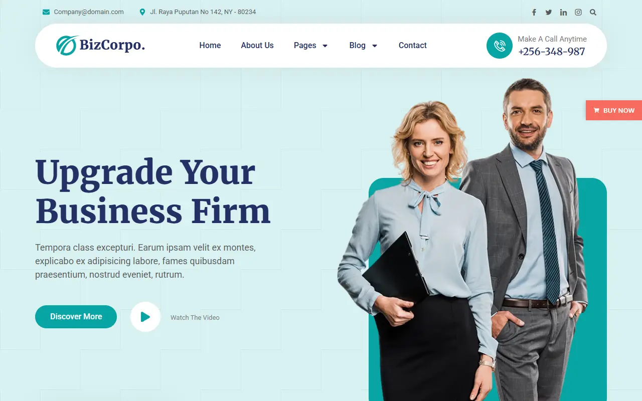 หน้าแรกของธีม Bizcorpo บนคอมพิวเตอร์