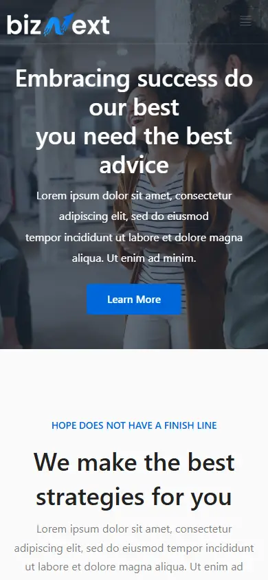 หน้าแรกของธีม bizNext บนมือถือ