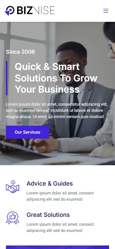 หน้าแรกของธีม Biznise Business Consulting บนมือถือ