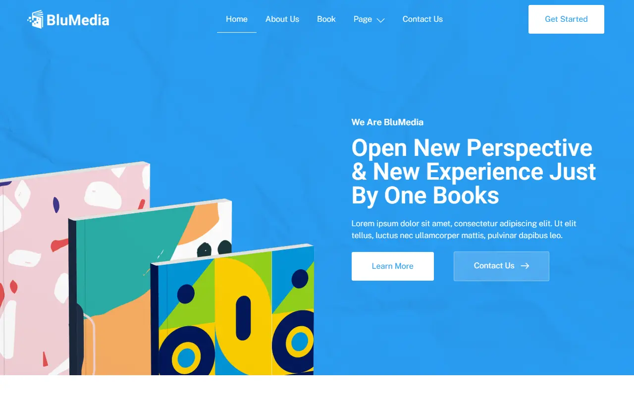หน้าแรกของธีม BluMedia Book Publisher บนคอมพิวเตอร์