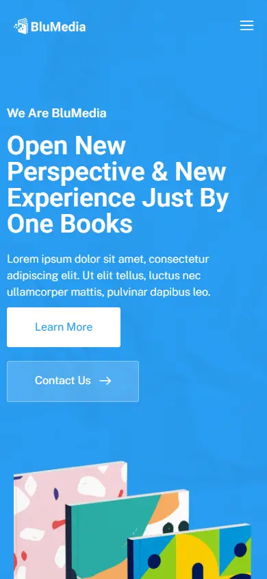 หน้าแรกของธีม BluMedia Book Publisher บนมือถือ