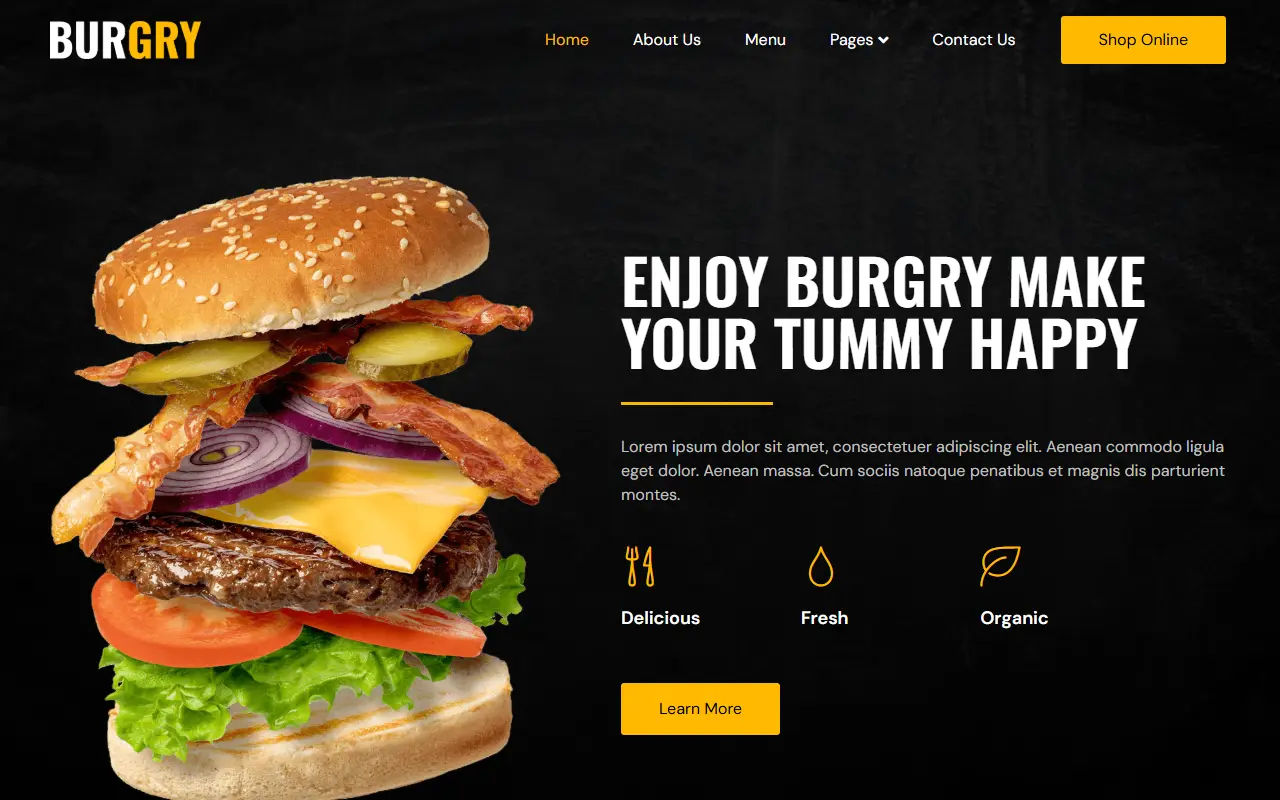 หน้าแรกของธีม Burgry Burger บนคอมพิวเตอร์