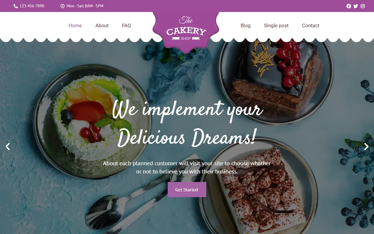หน้าแรกของธีม Cakeryshop บนคอมพิวเตอร์