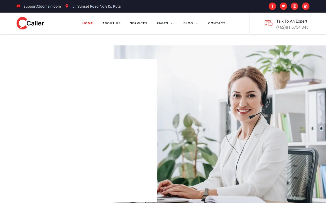 หน้าแรกของธีม Callerr Call Center Service บนคอมพิวเตอร์