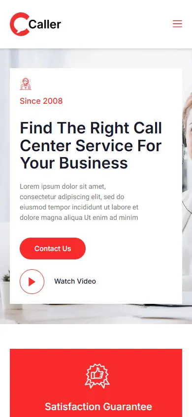 หน้าแรกของธีม Callerr Call Center Service บนมือถือ