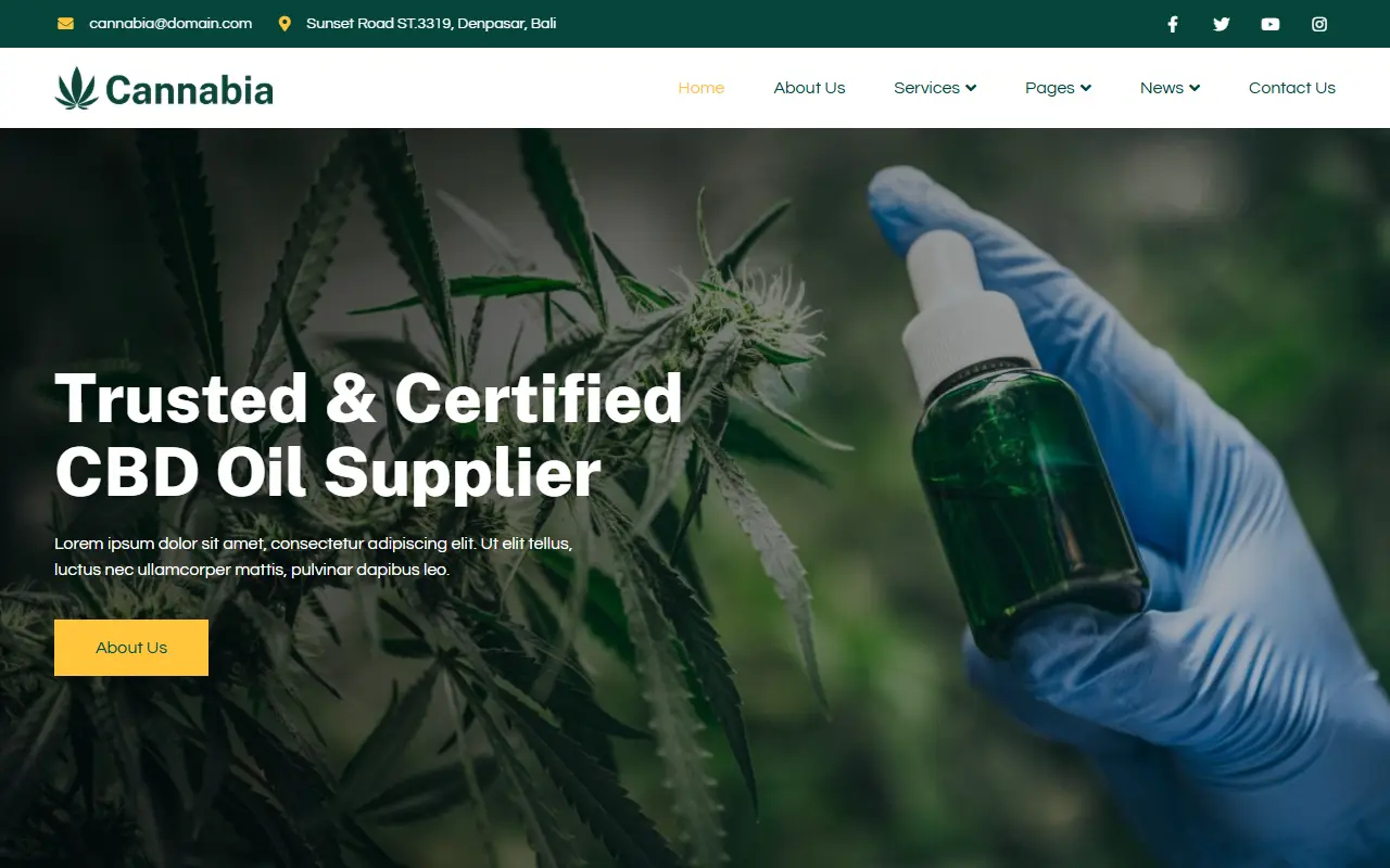 หน้าแรกของธีม Cannabia Medical Marijuana บนคอมพิวเตอร์