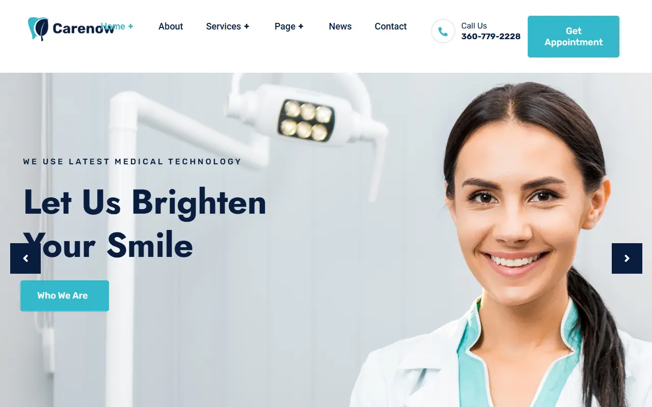 หน้าแรกของธีม Carenow Medical บนคอมพิวเตอร์
