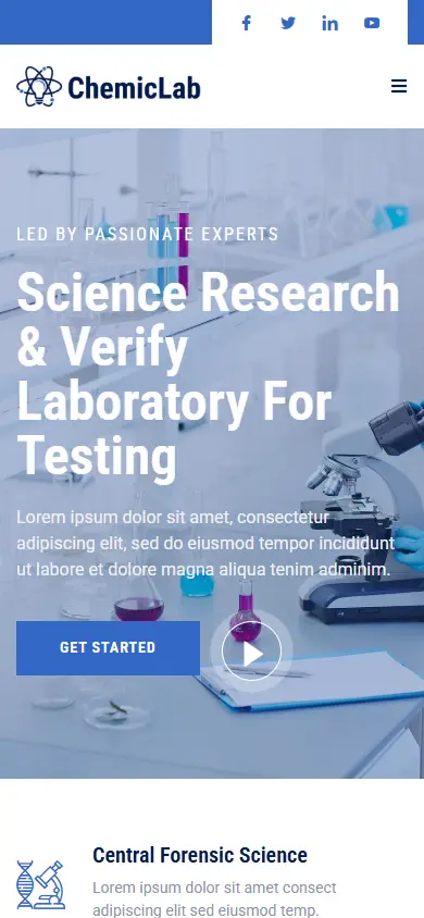 หน้าแรกของธีม ChemicLab Science Research บนมือถือ