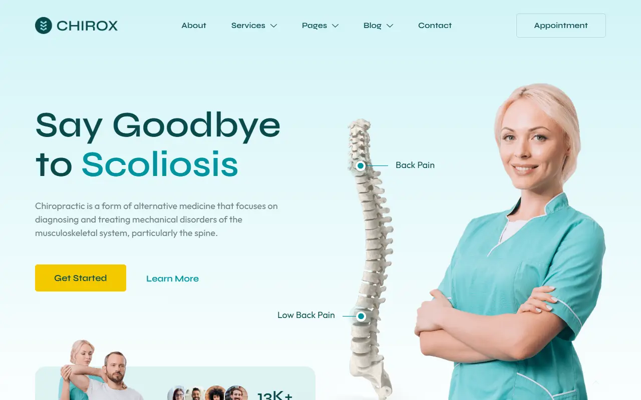 หน้าแรกของธีม Chirox Chiropractic บนคอมพิวเตอร์