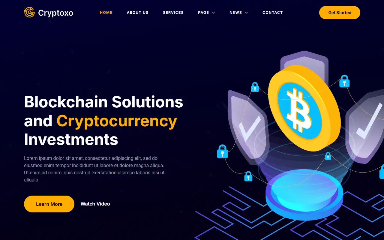 หน้าแรกของธีม Cryptoxo Cryptocurrency Blockchain บนคอมพิวเตอร์