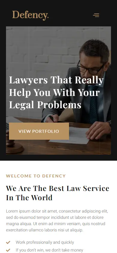 หน้าแรกของธีม Defency Law Firm บนมือถือ