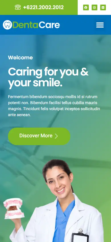 หน้าแรกของธีม DentaCare บนมือถือ