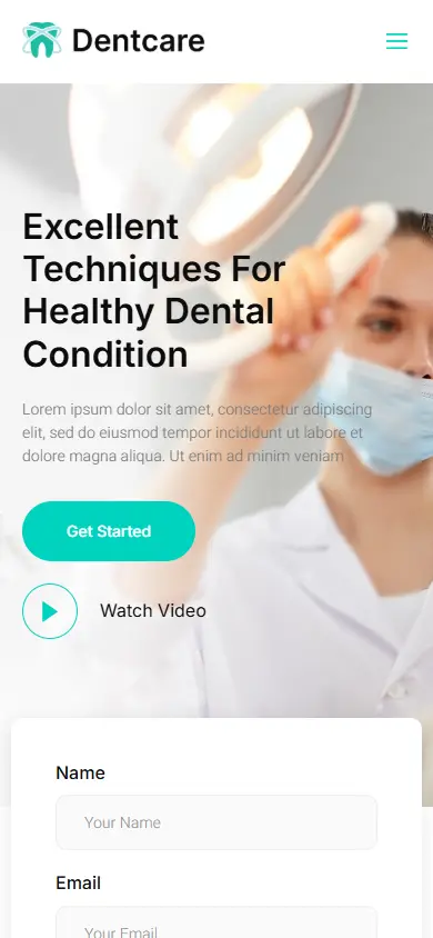 หน้าแรกของธีม Dentcare Dentist บนมือถือ