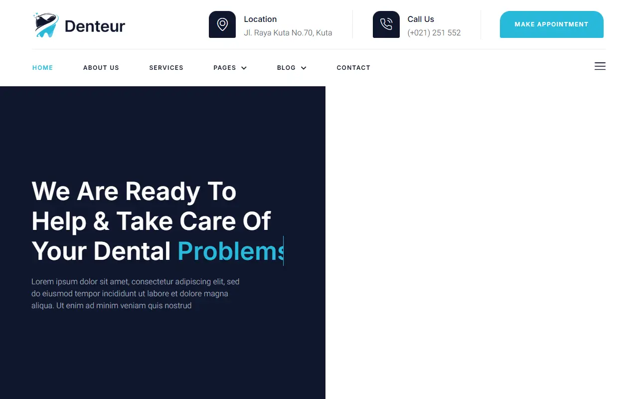 หน้าแรกของธีม Denteur Dentist บนคอมพิวเตอร์