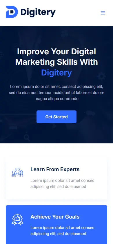 หน้าแรกของธีม Digitery Digital Marketing Courses บนมือถือ