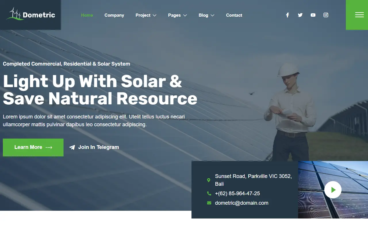 หน้าแรกของธีม Dometric Solar บนคอมพิวเตอร์