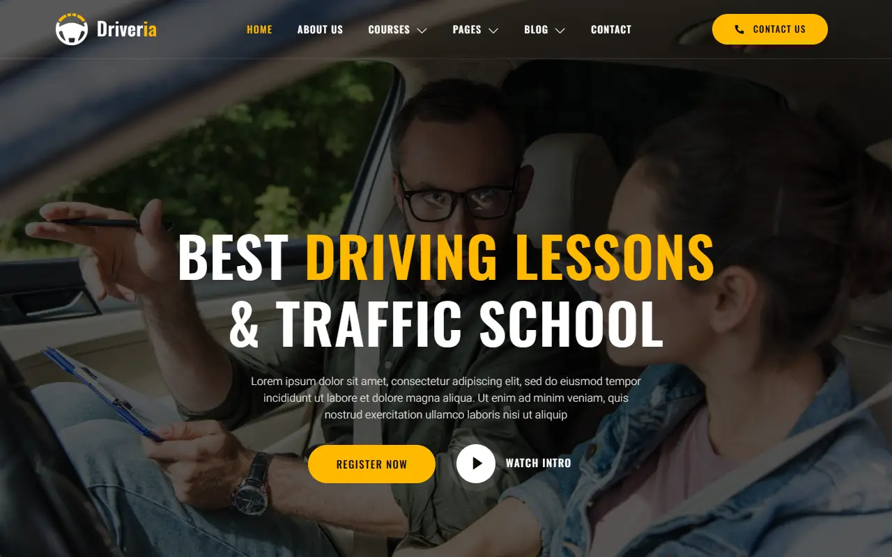 หน้าแรกของธีม Driveria – Driving Course บนคอมพิวเตอร์