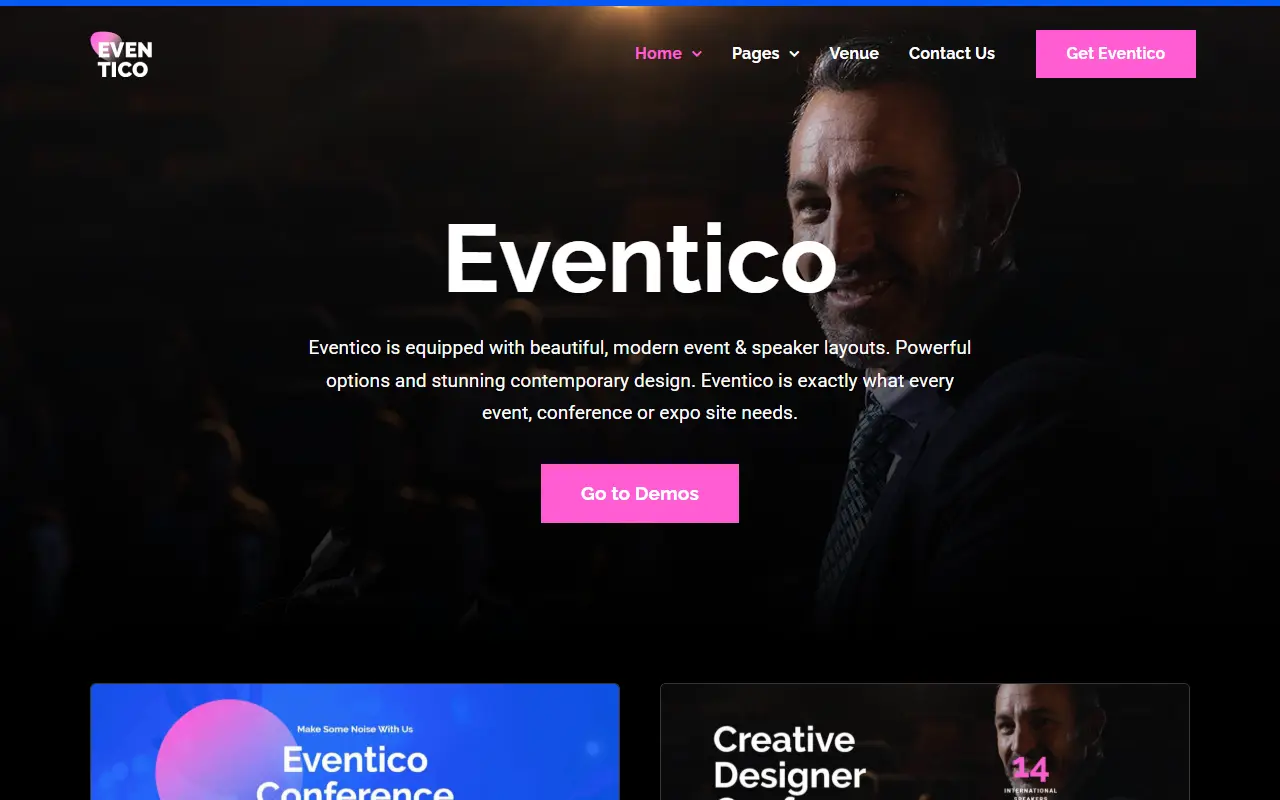 หน้าแรกของธีม Eventico บนคอมพิวเตอร์