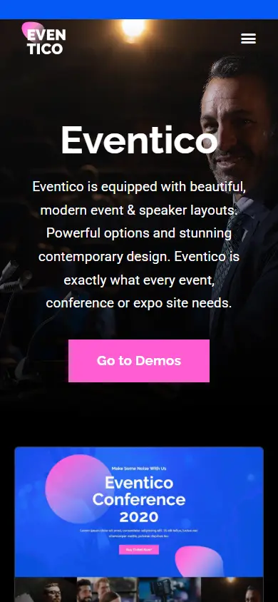 หน้าแรกของธีม Eventico บนมือถือ