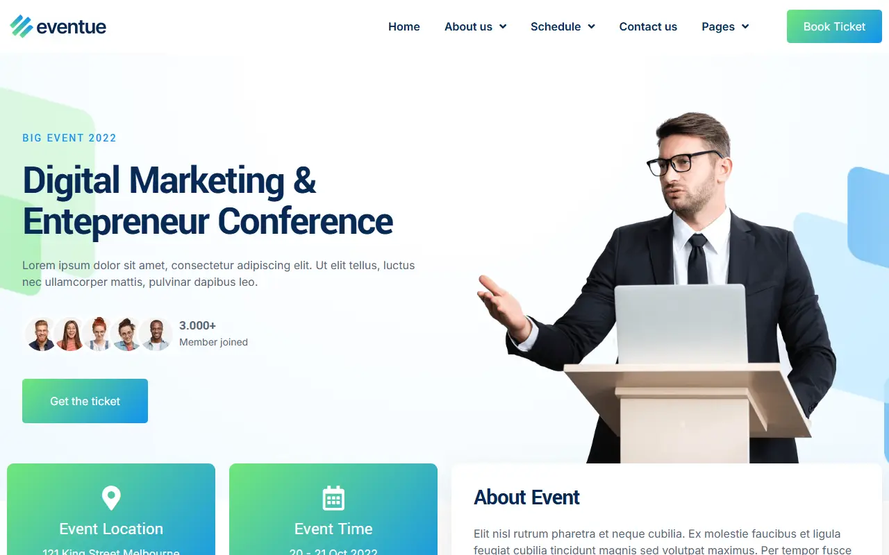 หน้าแรกของธีม Eventue บนคอมพิวเตอร์