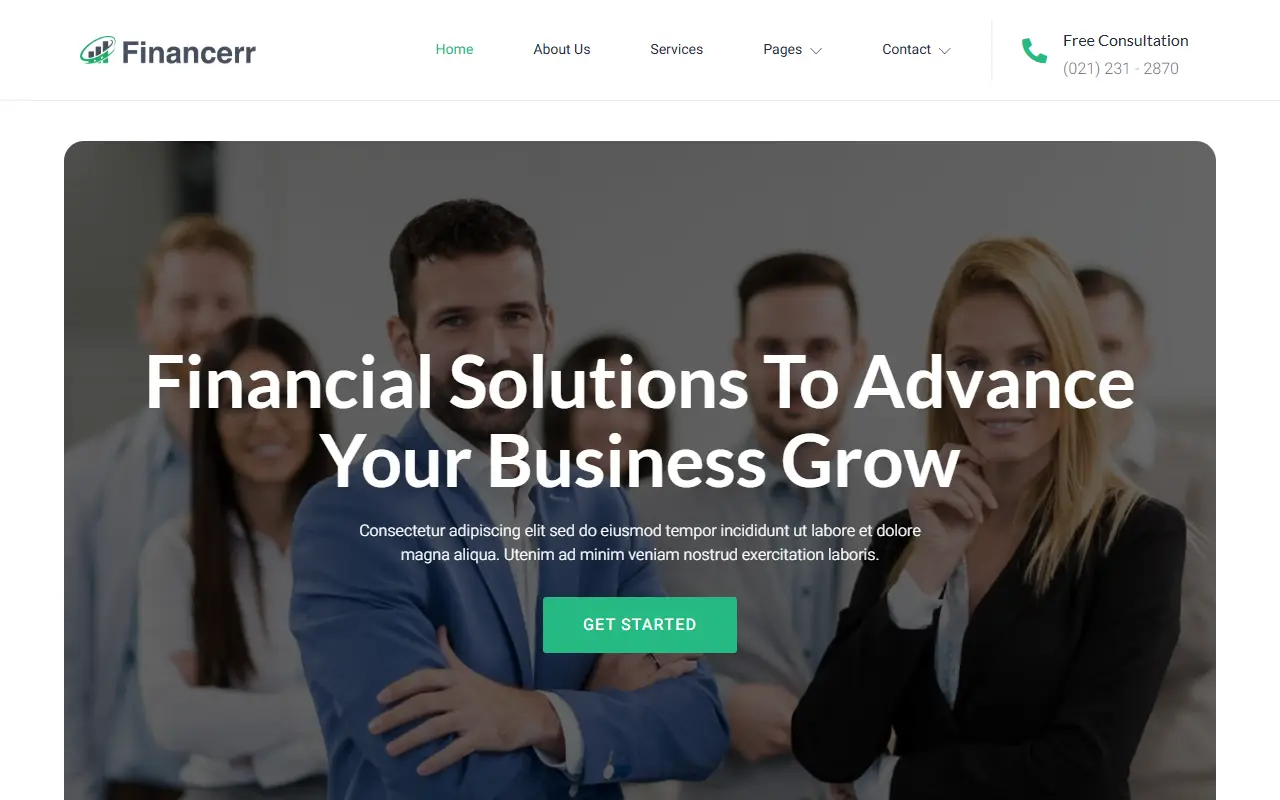หน้าแรกของธีม Financerr บนคอมพิวเตอร์