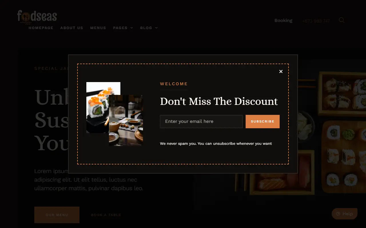 หน้าแรกของธีม Foodseas Japanese Restaurant บนคอมพิวเตอร์