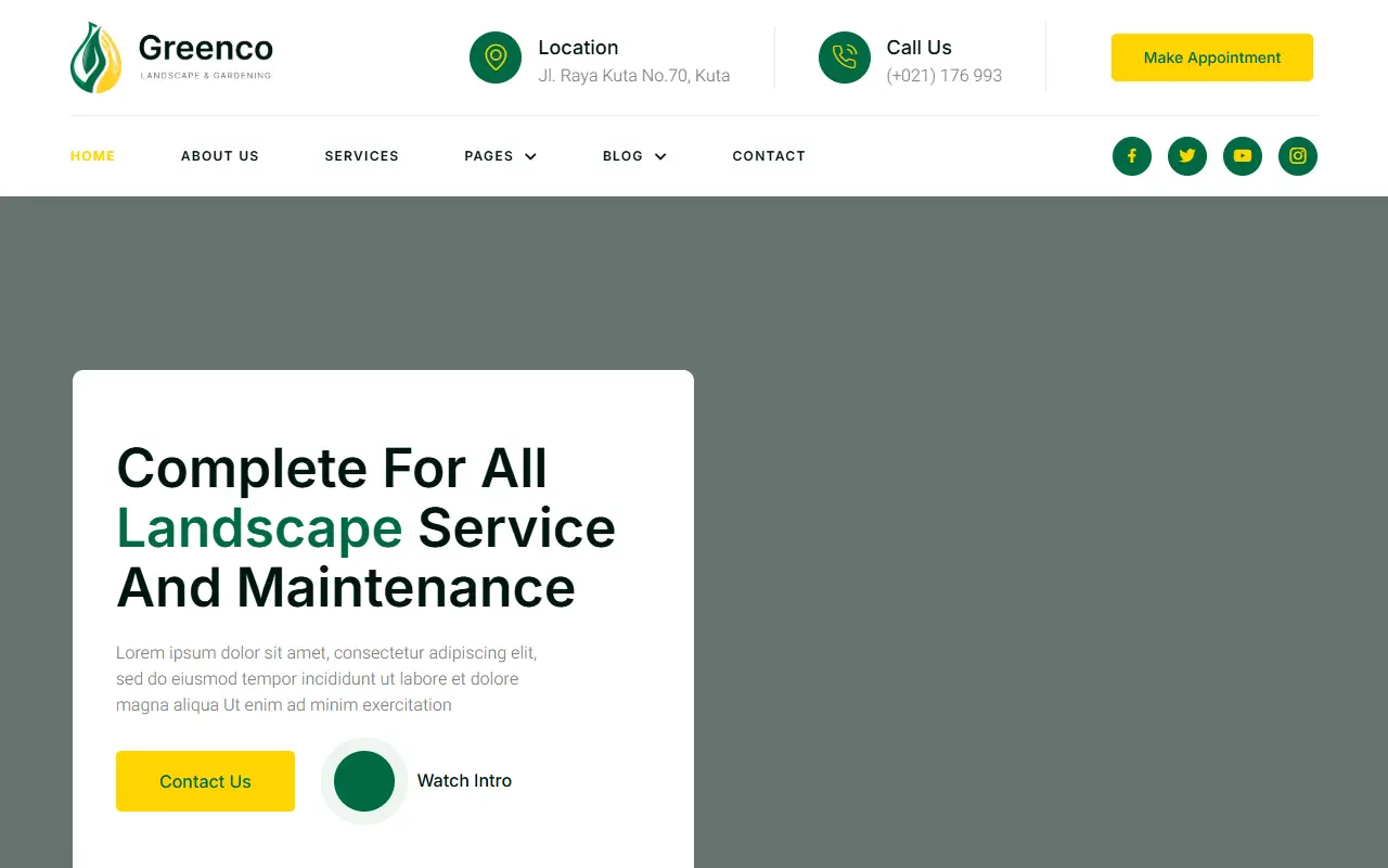 หน้าแรกของธีม Greenco Landscaping บนคอมพิวเตอร์