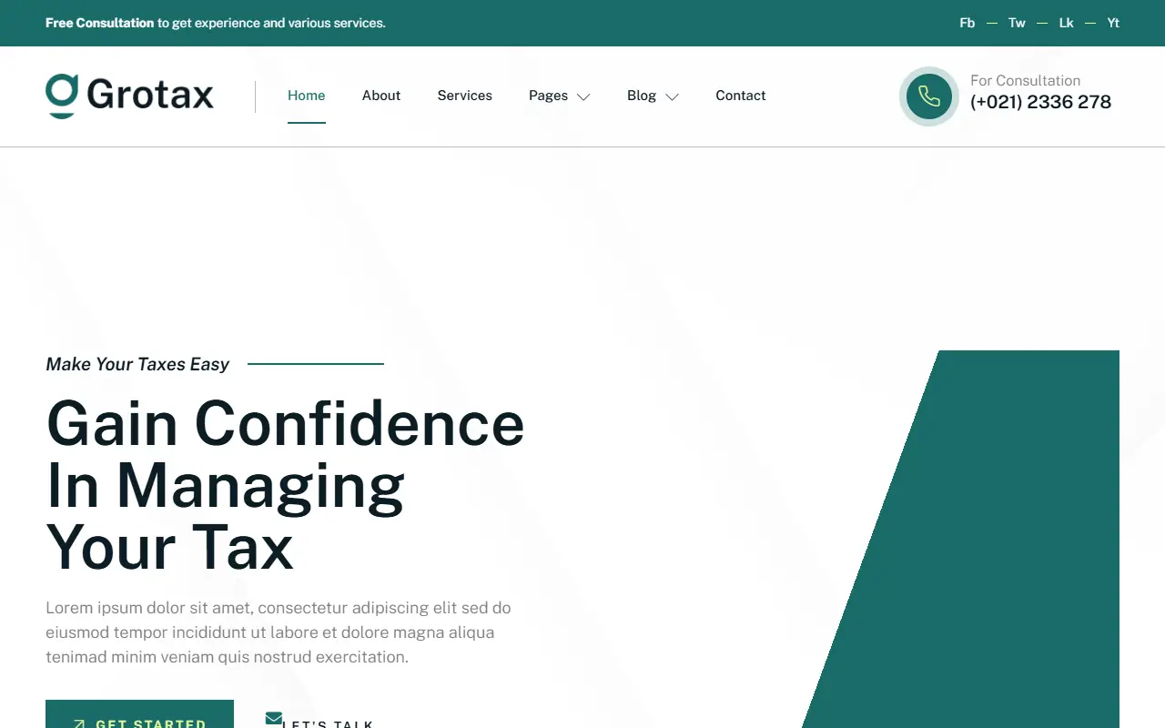 หน้าแรกของธีม Grotax Tax Advisor บนคอมพิวเตอร์