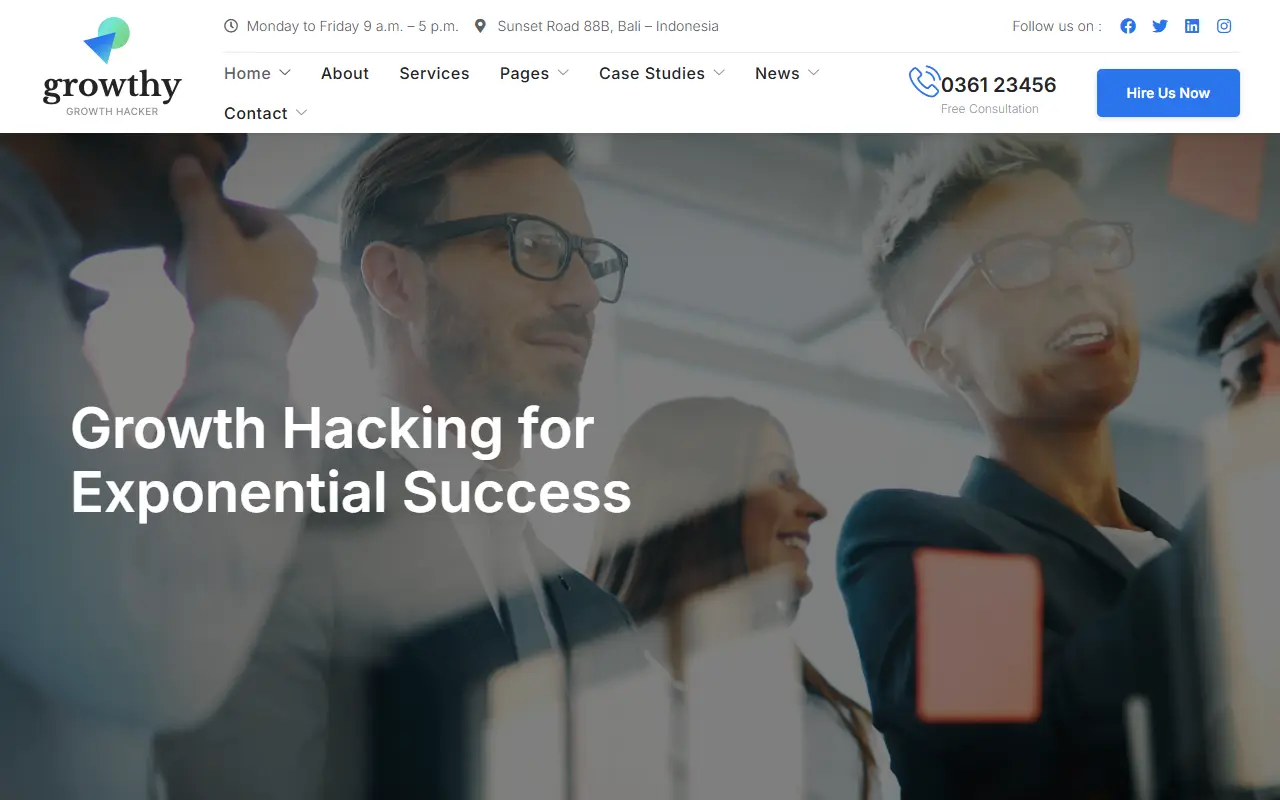 หน้าแรกของธีม Growthy Growth Hacking บนคอมพิวเตอร์