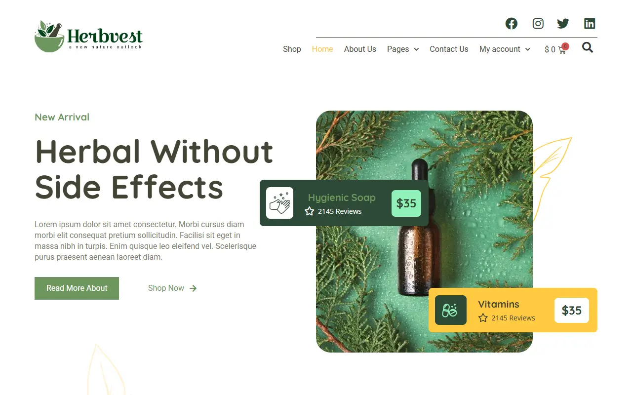 หน้าแรกของธีม HerbVest บนคอมพิวเตอร์