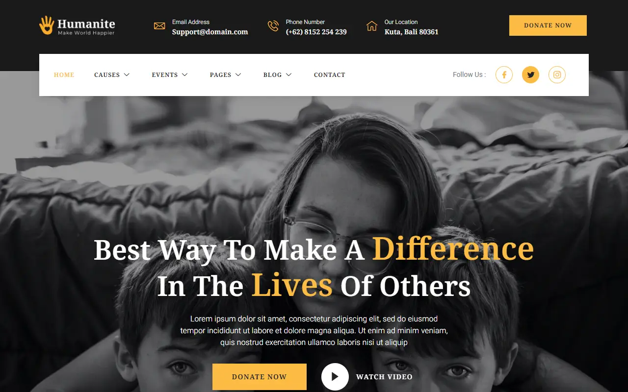 หน้าแรกของธีม Humanite Charity บนคอมพิวเตอร์