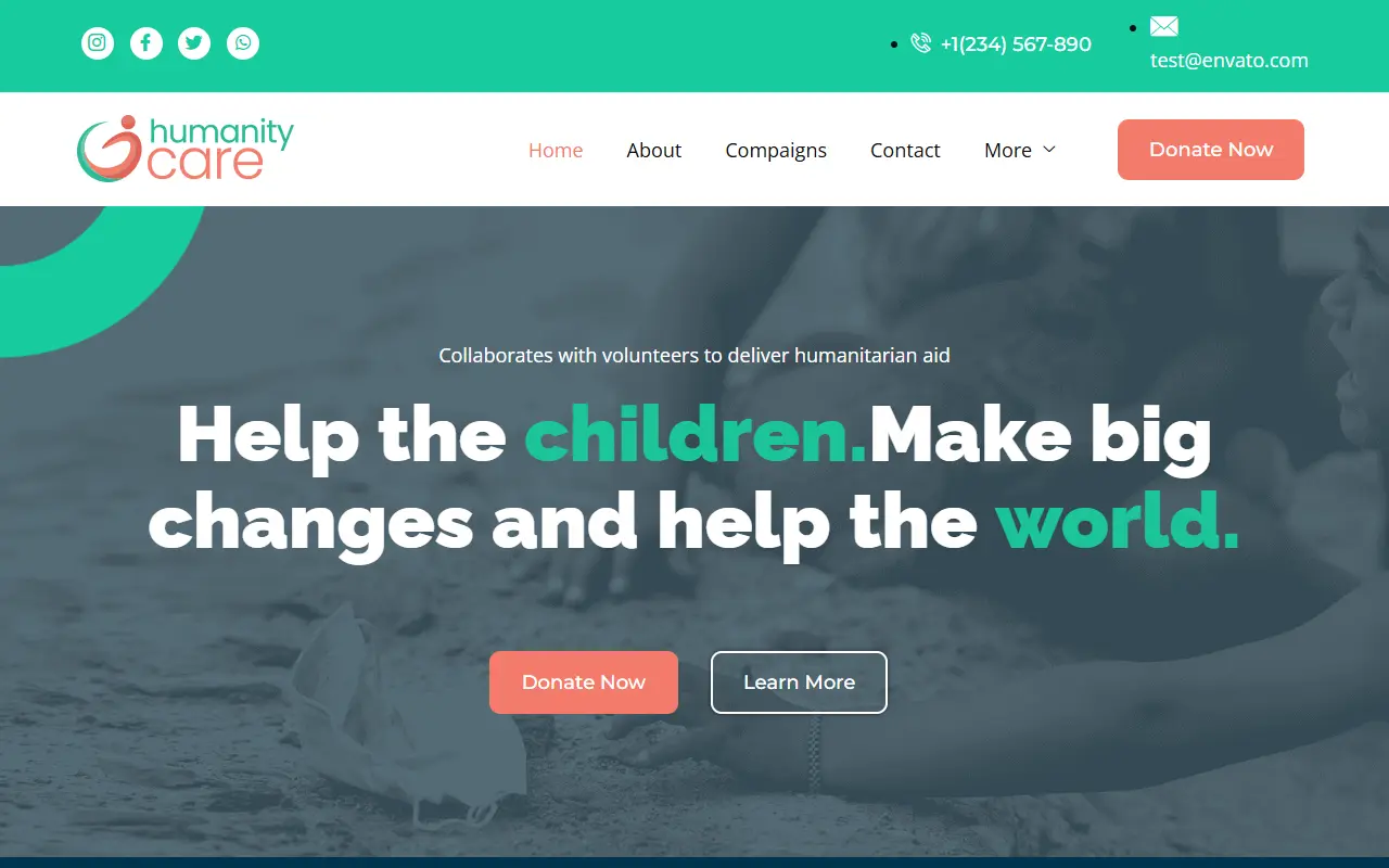 หน้าแรกของธีม Humanity Care บนคอมพิวเตอร์