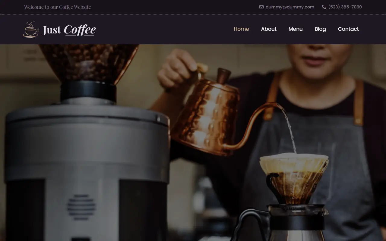 หน้าแรกของธีม Justcoffee บนคอมพิวเตอร์