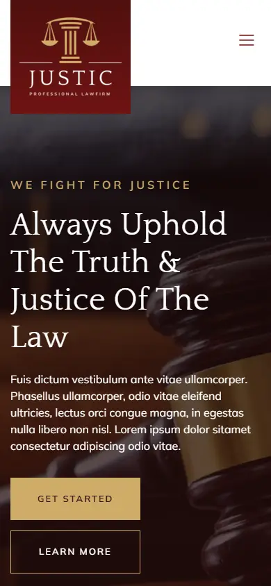 หน้าแรกของธีม Justic Law Firm บนมือถือ