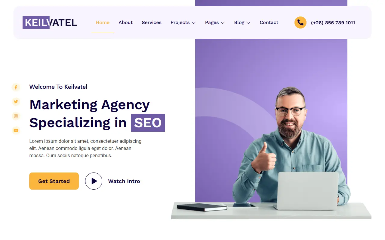หน้าแรกของธีม Keilvatel SEO บนคอมพิวเตอร์