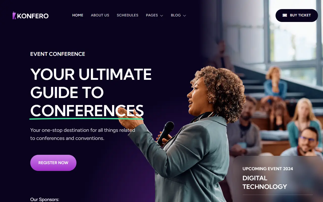 หน้าแรกของธีม Konfero Conference บนคอมพิวเตอร์