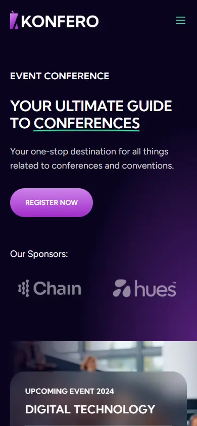หน้าแรกของธีม Konfero Conference บนมือถือ