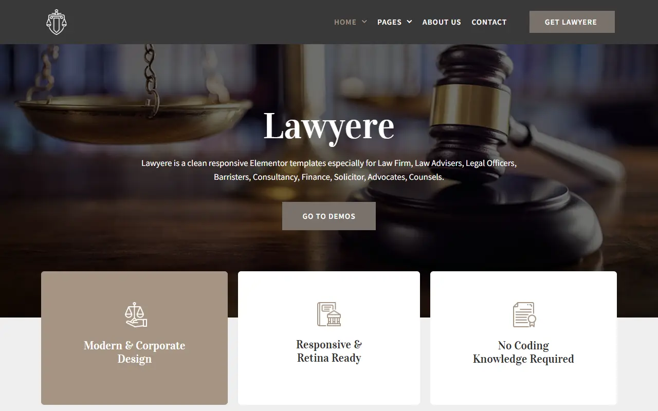 หน้าแรกของธีม Lawyere บนคอมพิวเตอร์