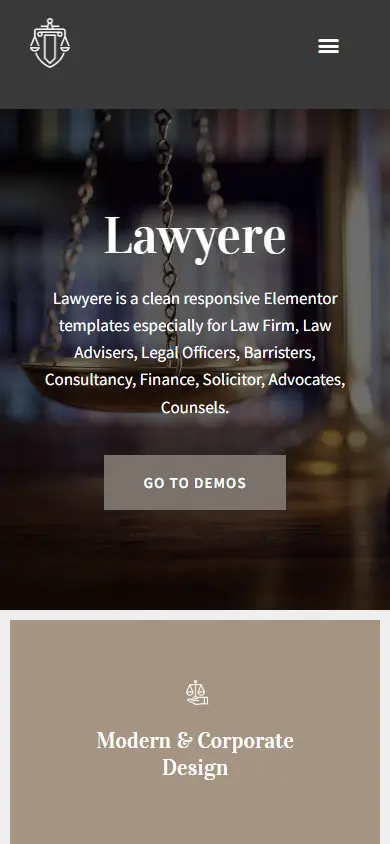 หน้าแรกของธีม Lawyere บนมือถือ
