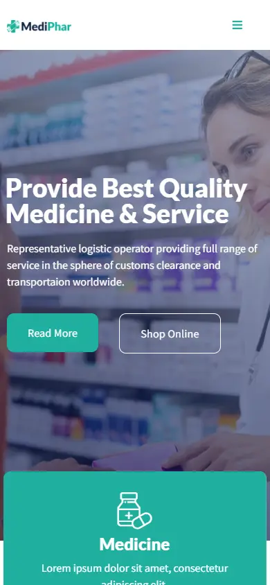 หน้าแรกของธีม Mediphar Pharmacy บนมือถือ