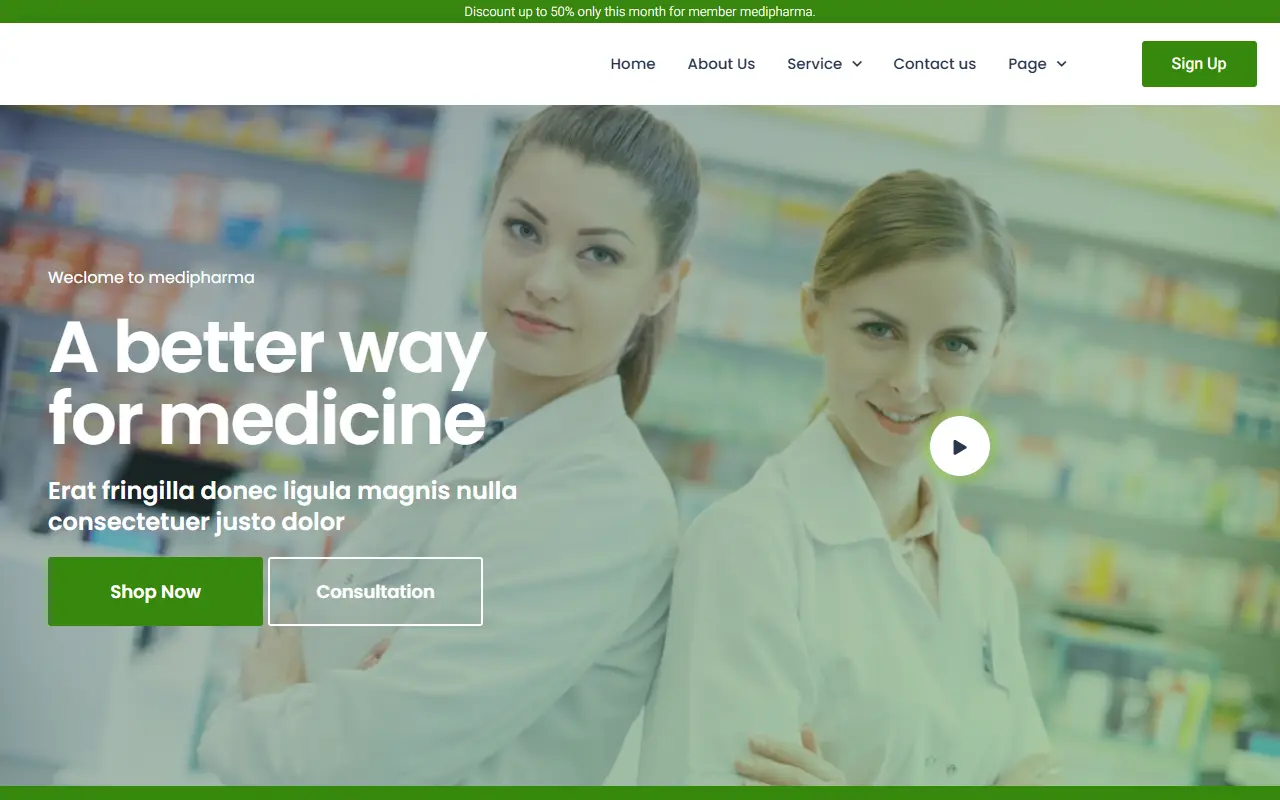 หน้าแรกของธีม MediPharma บนคอมพิวเตอร์