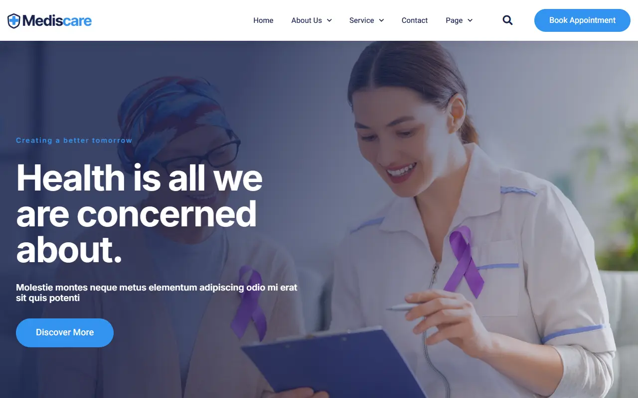 หน้าแรกของธีม MedisCare บนคอมพิวเตอร์