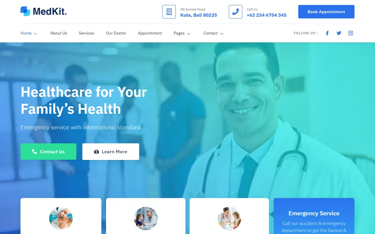หน้าแรกของธีม MedKit บนคอมพิวเตอร์