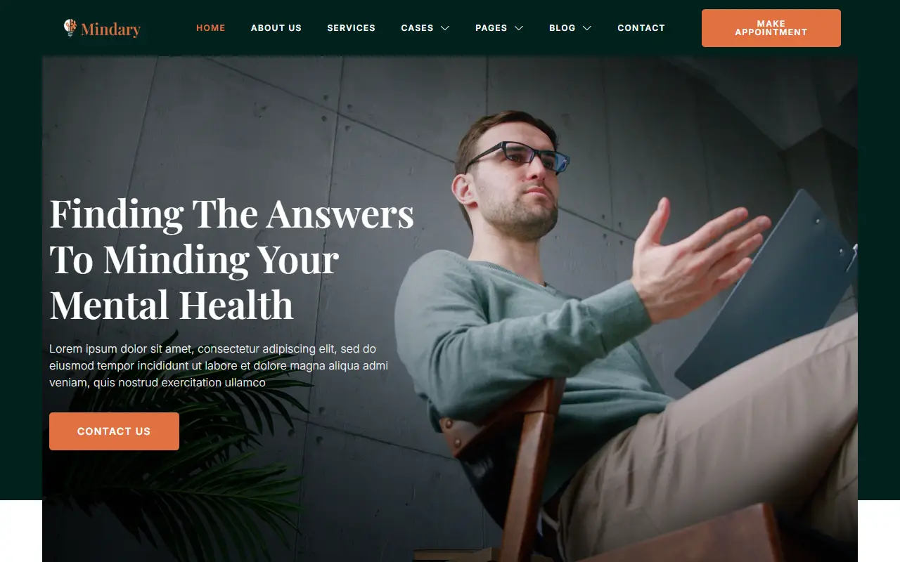 หน้าแรกของธีม Mindary Psychology บนคอมพิวเตอร์