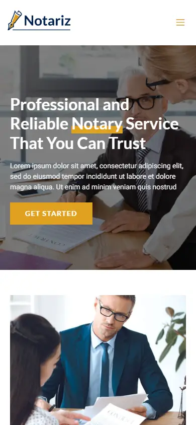 หน้าแรกของธีม Notariz Notary Public บนมือถือ